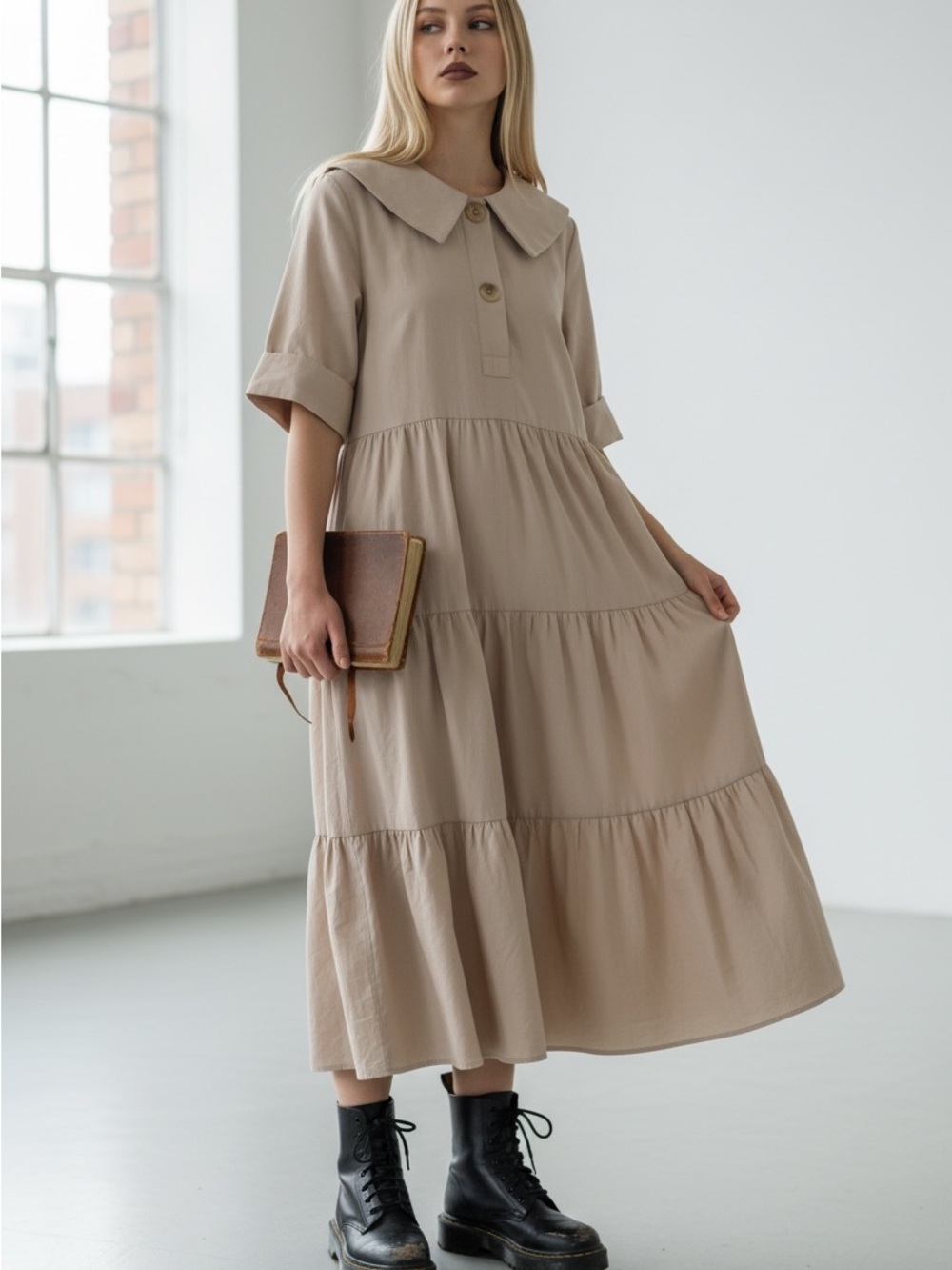 Poplin Maxi Peterpan Collar Maxi Dress OS Beige Oversized Tiered Comfy Grunge